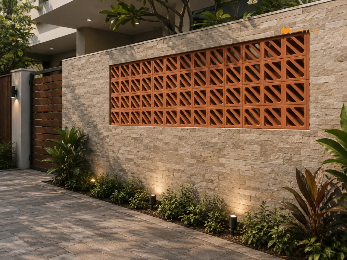 Terracotta Jali with Stone-Look Tiles for an Exterior Wall